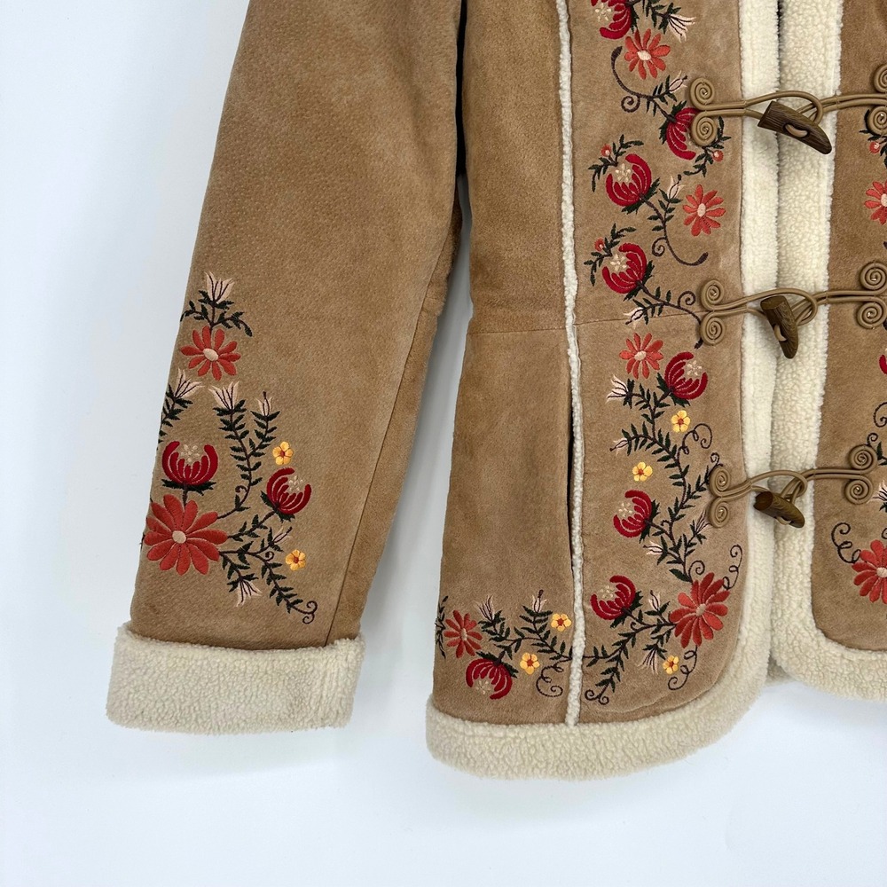 St. John's Bay Tan Suede Embroidered Toggle Coat with Cream Shearling Trim - Picture 5 of 17